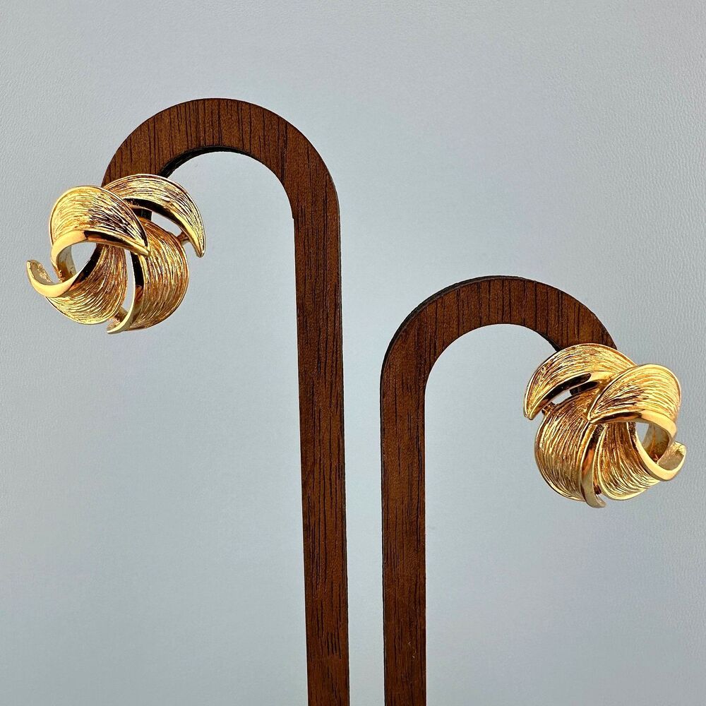 Vintage Givenchy Earrings Swirl Leaf Gold Tone Textured Pierced Signed